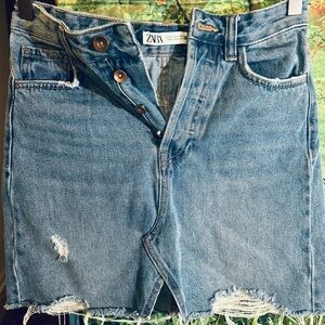 Zara Distressed Blue Denim Raw Edge 5-Pocket Skirt